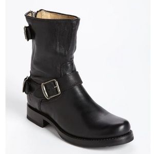 Frye Veronica Black Leather Short Zip Buckle Boot